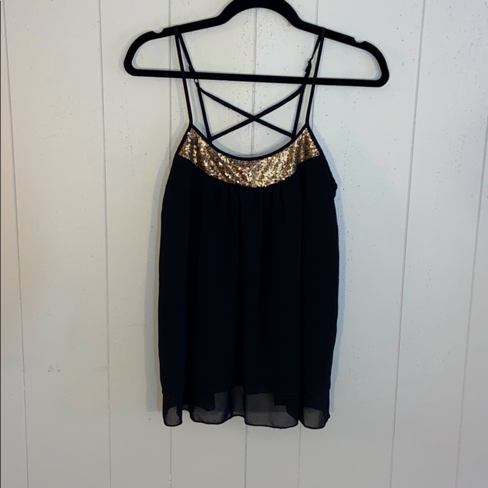Gold sequin black tank top